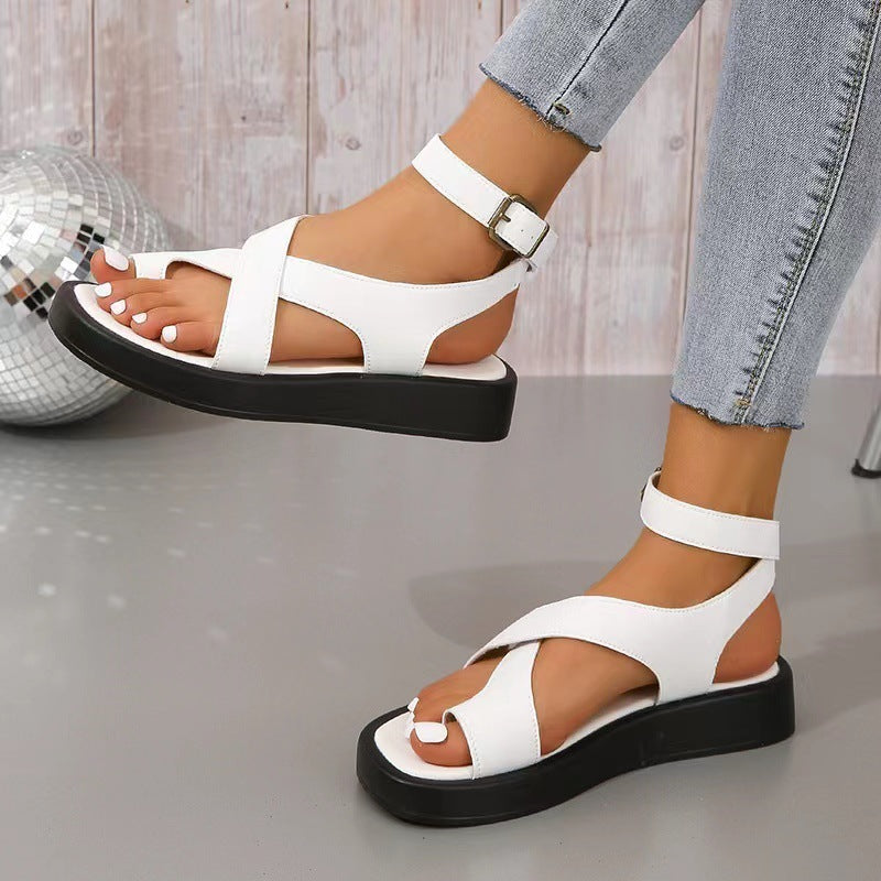 Casual Thick-Soled Clip Toe Sandals Summer Fashion Round Toe Beach Shoes With Back Buckle Strap Sandal For Women