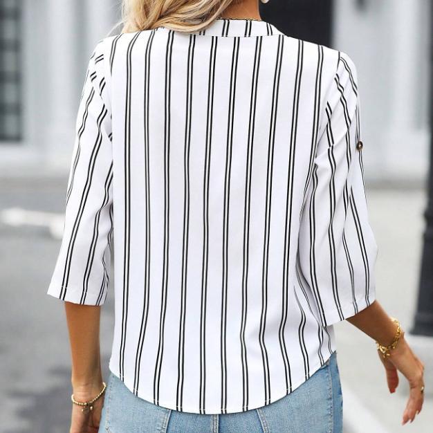 Ladies' Fashionable Printed Striped V-neck Shirt Top