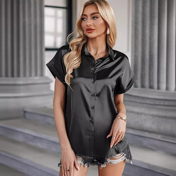 Multicolor Silk Short Sleeve Satin Button Shirt Casual Loose Top