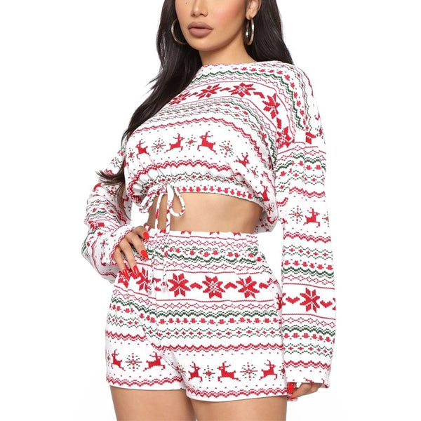 Women Christmas Pajama Sets Long Sleeve Crop Top Shorts 2Pcs