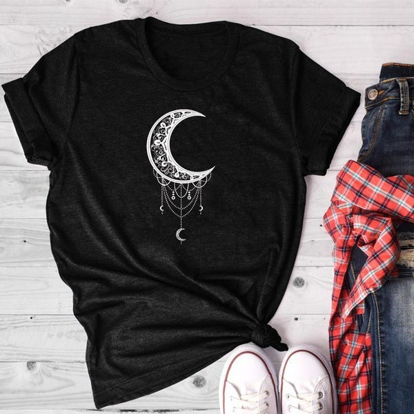 Sun Moon Women Tshirt O-neck T Shirt Women Cotton Printed Camiseta Mujer Short Sleeve Tshirt