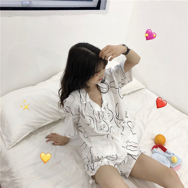 Pajama Sets Women New Korean Chic Print Sweet Summer Ins Shrort Sleeve Schoolgirls Pajama Homewear Kawaii Soft Fashion Sleepwear