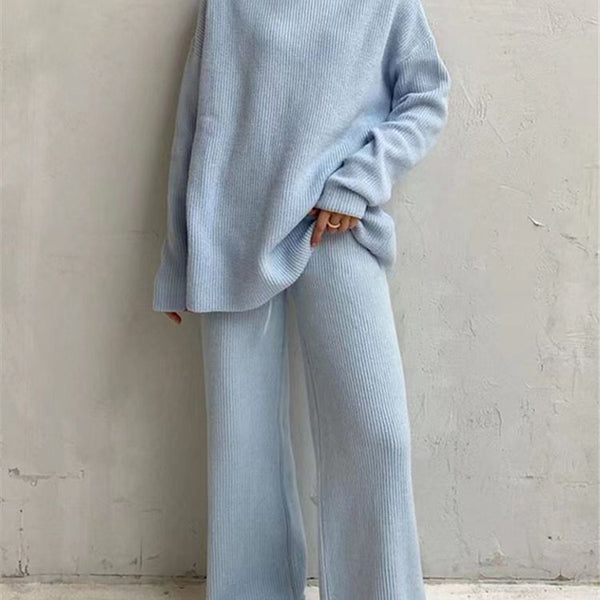 2 Pieces Women Sets Knitted Tracksuit Turtleneck Sweater