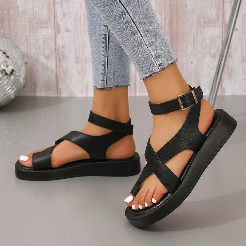 Casual Thick-Soled Clip Toe Sandals Summer Fashion Round Toe Beach Shoes With Back Buckle Strap Sandal For Women