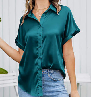 Multicolor Silk Short Sleeve Satin Button Shirt Casual Loose Top