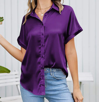 Multicolor Silk Short Sleeve Satin Button Shirt Casual Loose Top