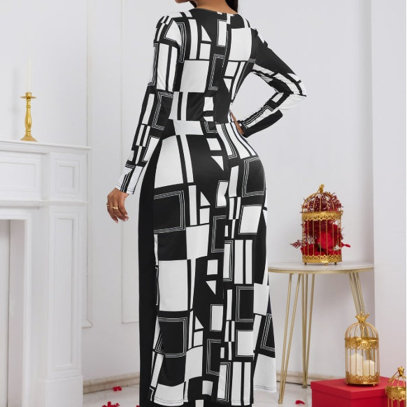 Ladies' Fashionable And Elegant Commuting Versatile Geometric Pattern Print Autumn And Winter Long Sleeved Jumpsuit