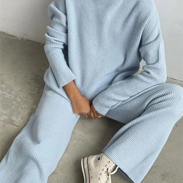 2 Pieces Women Sets Knitted Tracksuit Turtleneck Sweater