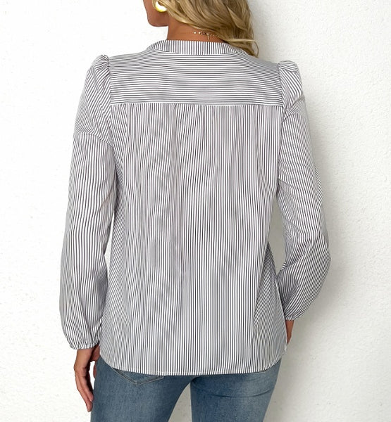 Women's Solid Color V-neck Striped Fashionable Versatile Shirt Top