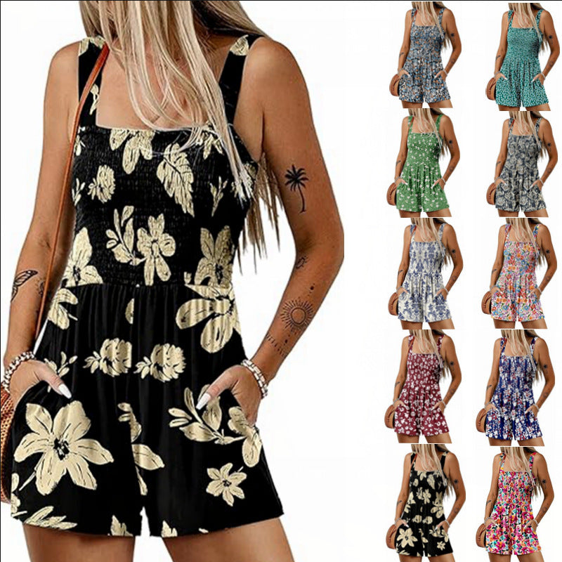 Flower Print Shorts Jumpsuit Summer Fashion Sleeveless Beach Bodysuit