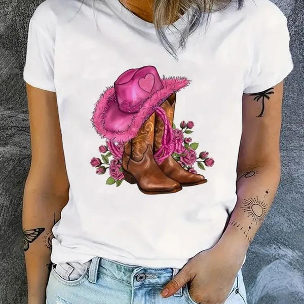 Cowgirl Floral Print T-shirts Women Summer Tshirt Lady Rive