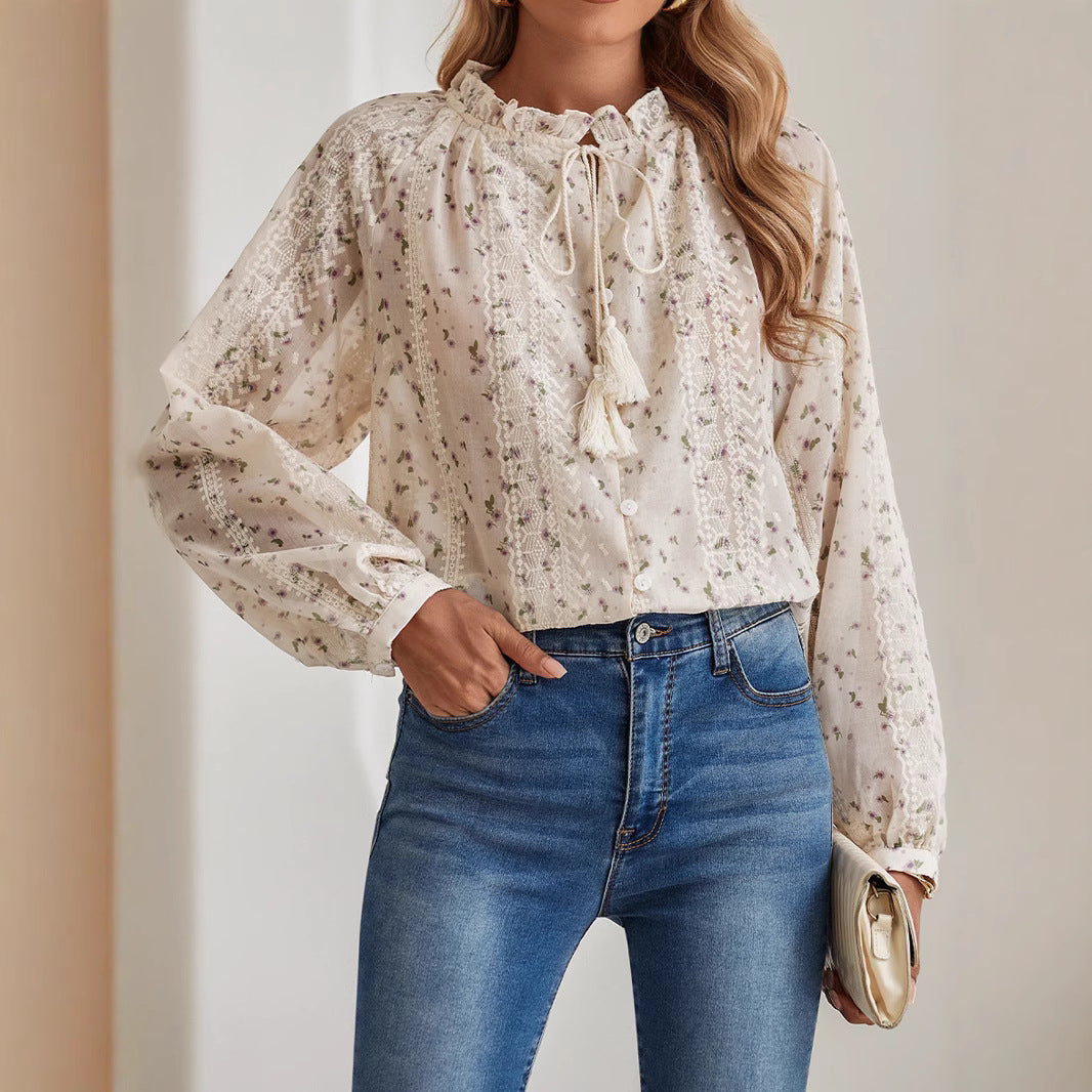 Women's Floral Print Chiffon Shirt Embroidery Tassel Blouse