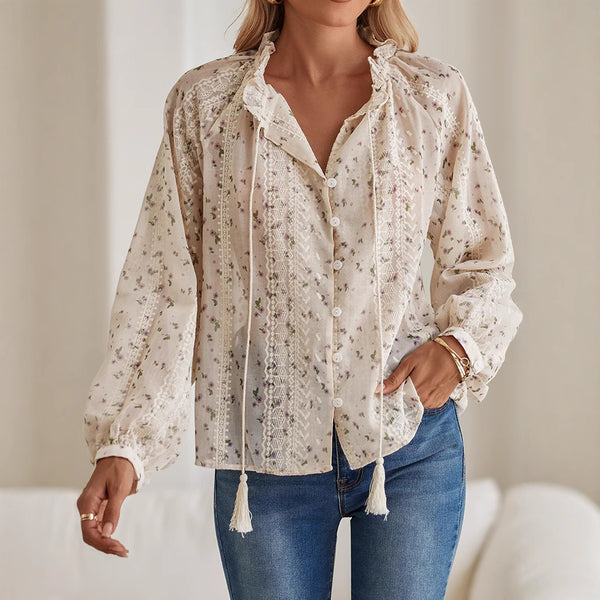 Women's Floral Print Chiffon Shirt Embroidery Tassel Blouse