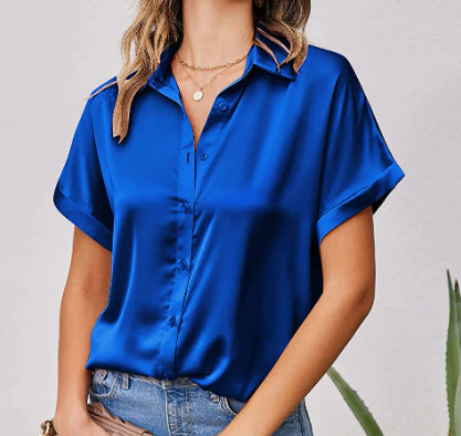 Multicolor Silk Short Sleeve Satin Button Shirt Casual Loose Top