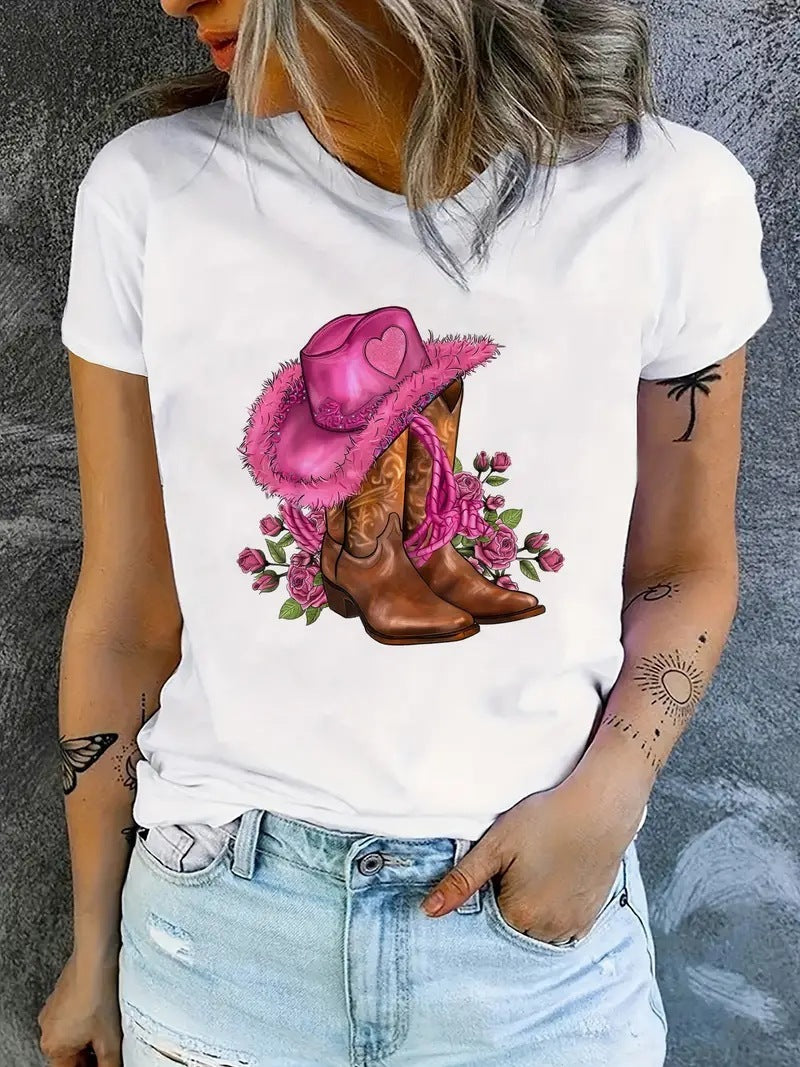 Cowgirl Floral Print T-shirts Women Summer Tshirt Lady Rive