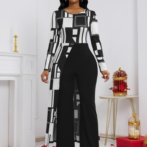 Ladies' Fashionable And Elegant Commuting Versatile Geometric Pattern Print Autumn And Winter Long Sleeved Jumpsuit