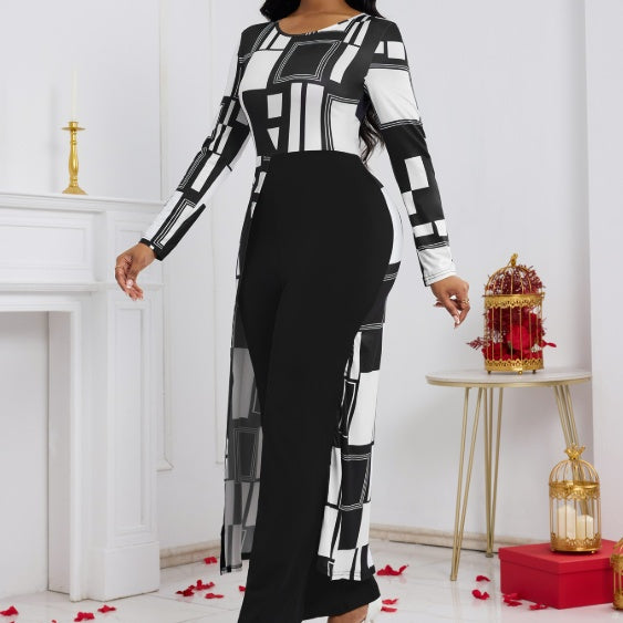 Ladies' Fashionable And Elegant Commuting Versatile Geometric Pattern Print Autumn And Winter Long Sleeved Jumpsuit