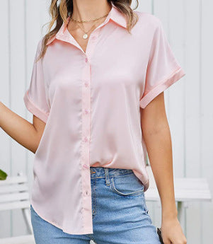 Multicolor Silk Short Sleeve Satin Button Shirt Casual Loose Top