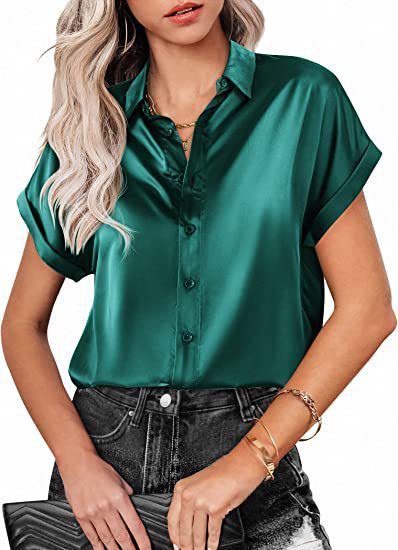 Multicolor Silk Short Sleeve Satin Button Shirt Casual Loose Top