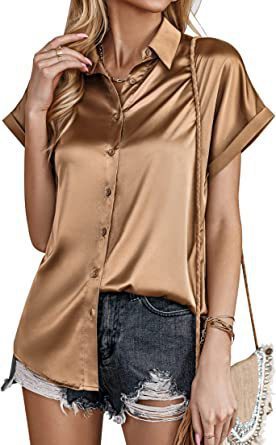 Multicolor Silk Short Sleeve Satin Button Shirt Casual Loose Top